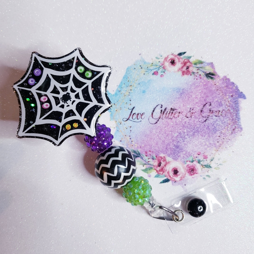 Halloween badge reel, spiderweb, nurse, healthcare